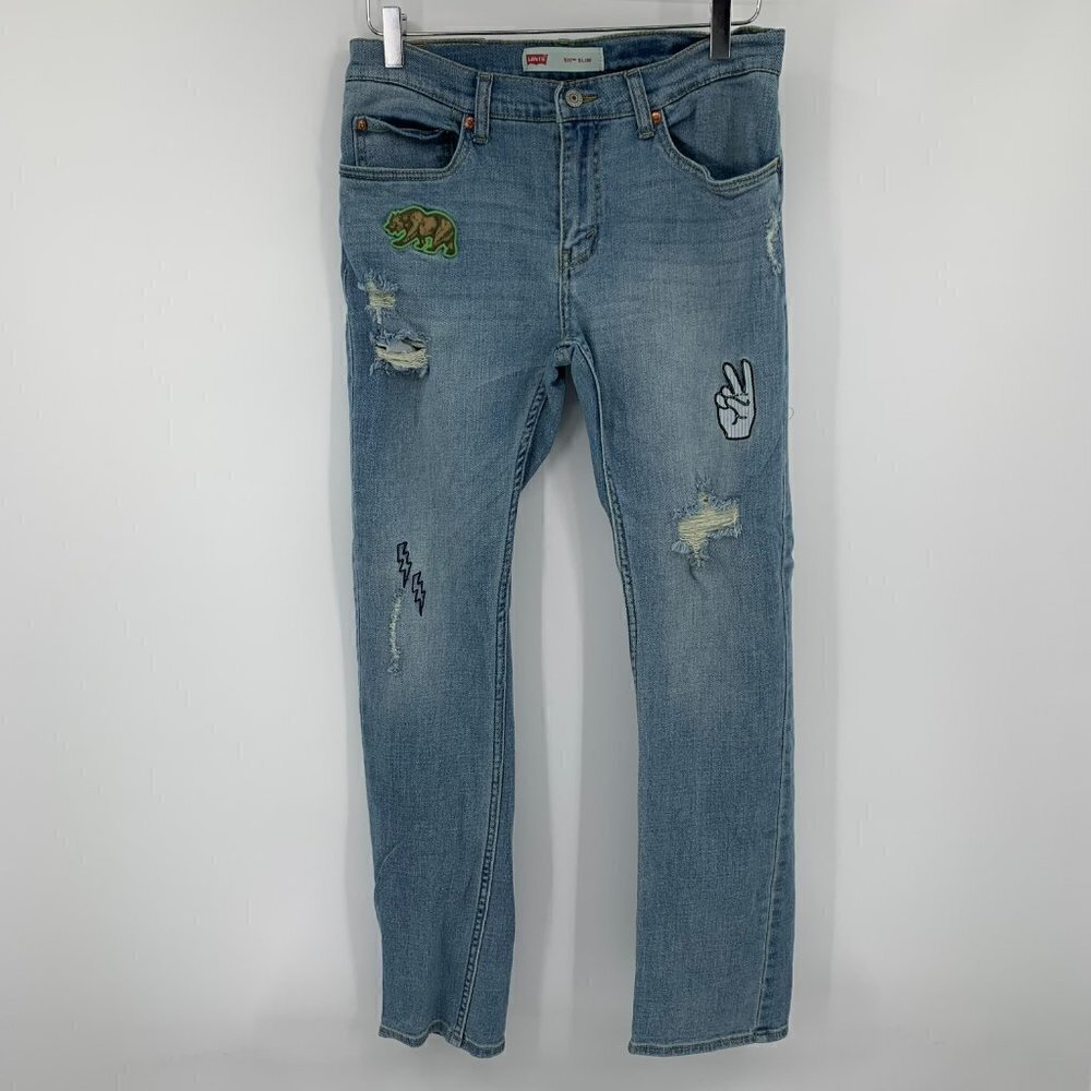 Levis 511 Slim distressed jeans patch bear hand peace sign embroidery boys 18 29